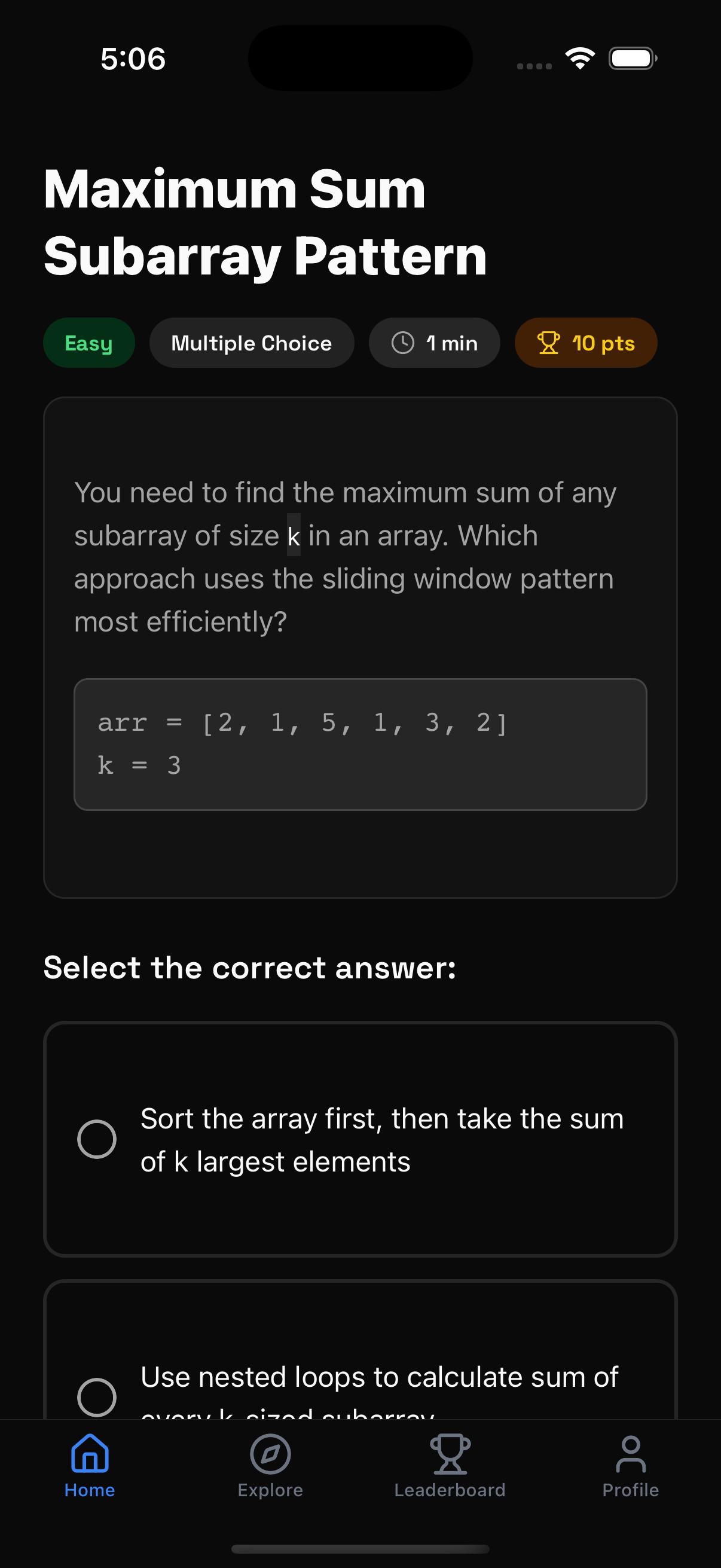 Zeroth app showing a coding interview question with multiple choice answers